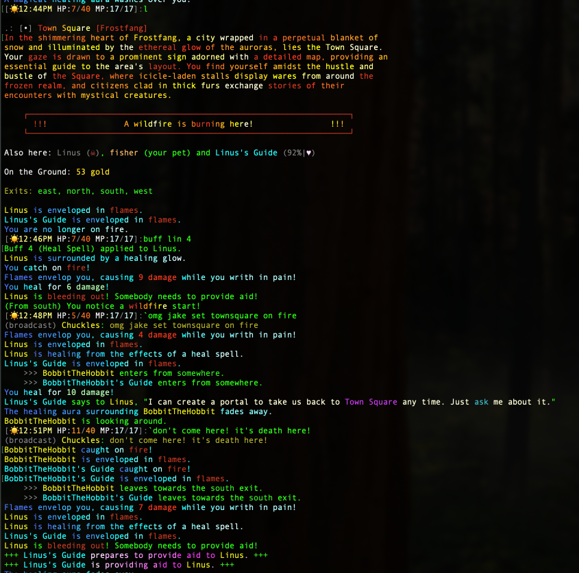 Players spawning in town square while a wildfire rages on around them.