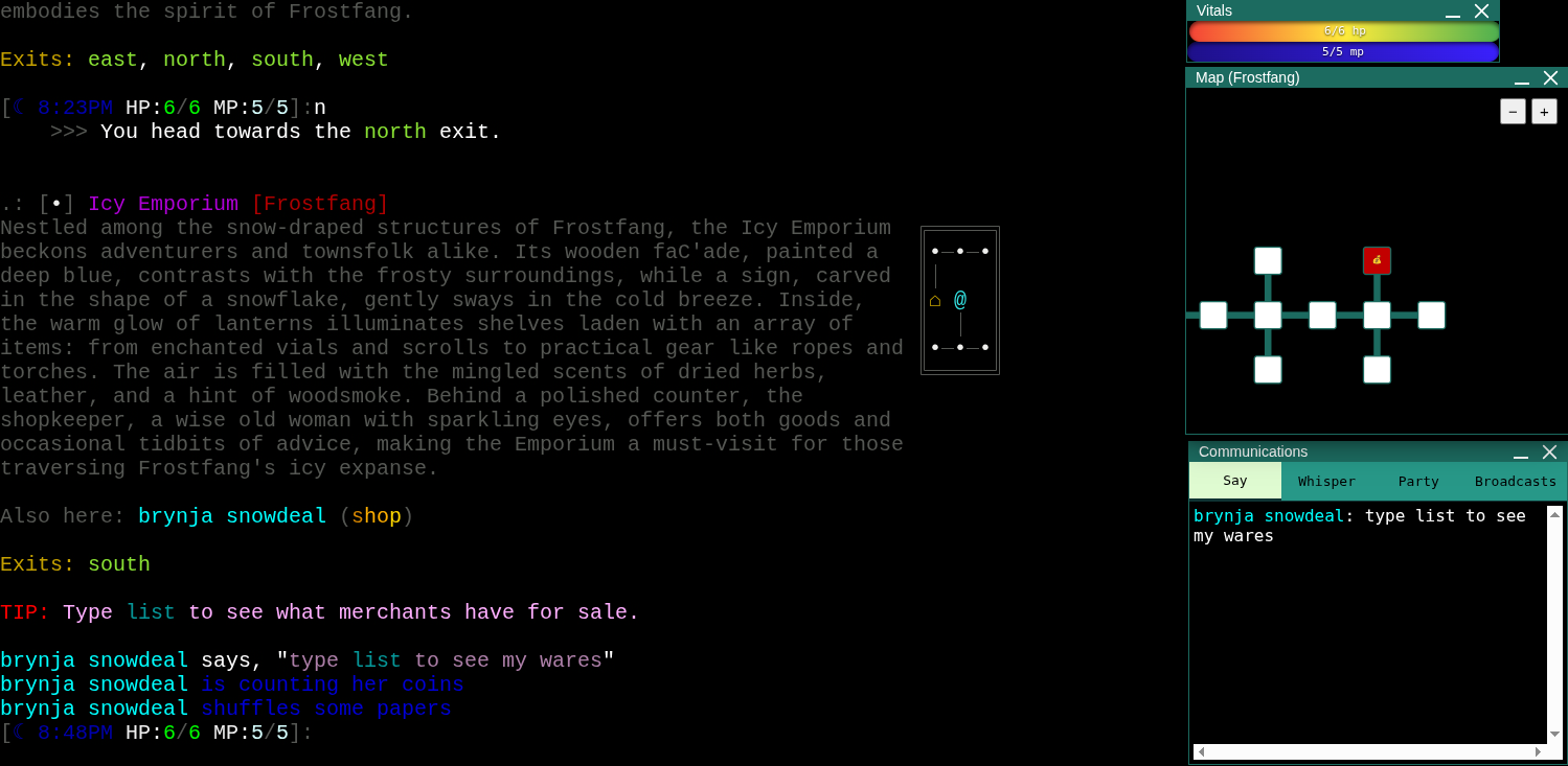 Andruid wandering around the starting town (and starter shops) using the GoMud web client.