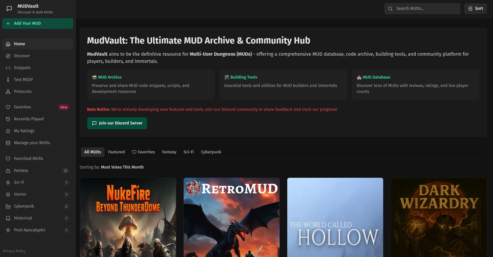 With Nukefire, RetroMUD, The World Called Hollow, and Dark Wizardry featured as having the most votes this month.