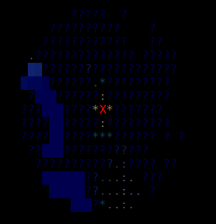 Approaching player with light source GIF showing ASCII portrayal of a player approaching, casting an area of light.