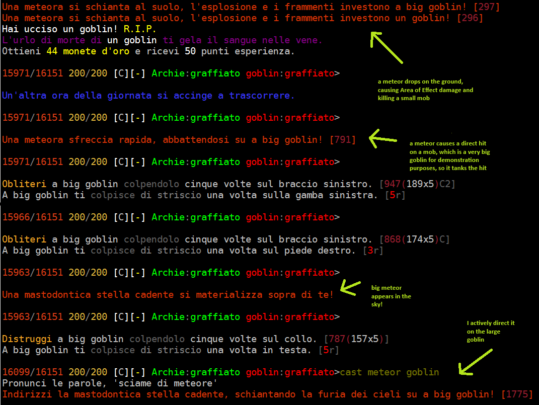 Screenshot showing meteor storm (in Italian).
