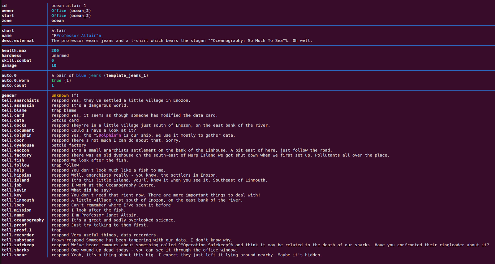 Staff / builder view of an NPC, showing their characteristics as well as a long list of potential responses they can give to players.