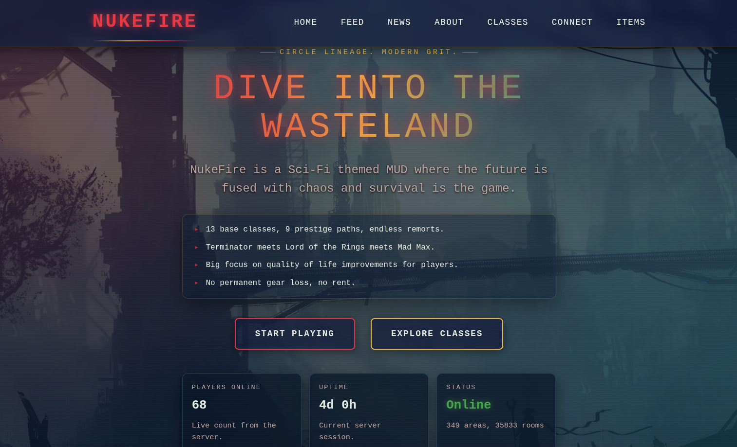 Dive into the wasteland: NukeFire is a Sci-Fi themed MUD where the future is fused with chaos and survival is the game. (Background is a murky post-apoc cityscape.)