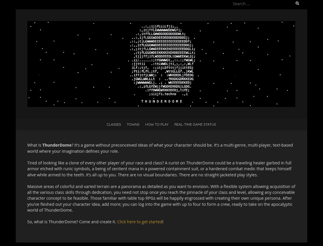 Screenshot of tdome.net showing an ASCII skull and the name THUNDERDOME in all caps.