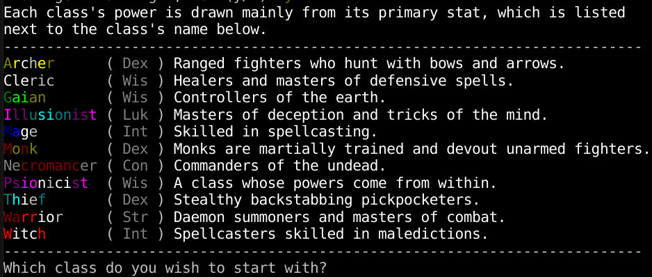 Erion's classes listed in alphabetical order, from Archer to Witch, with primary stats and descriptions.