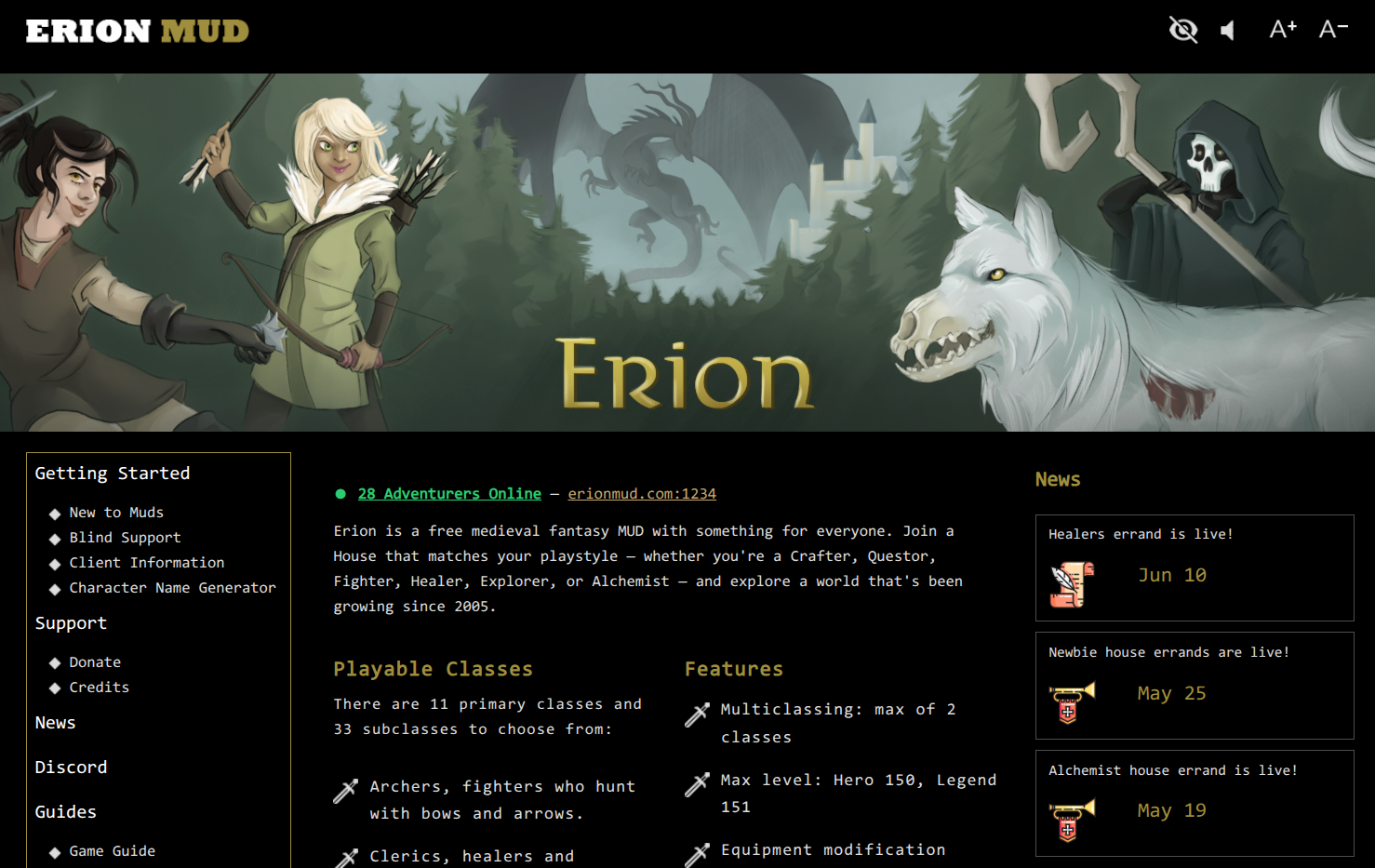Erion's homepage with accessibility toggles pictured.
