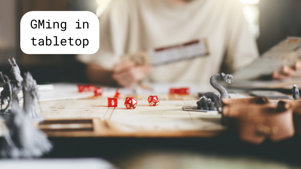 A game master runs a tabletop roleplaying game, with red polyhedral dice and gray miniatures arranged on a printed battle map.